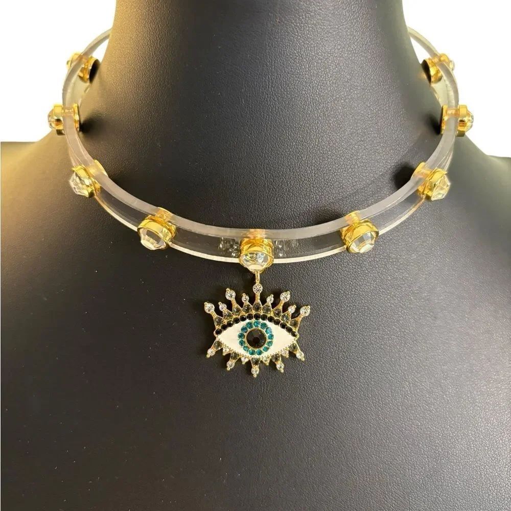 Kurt Geiger London Clear Jelly Evil Eye Choker w/ Glass Crystals Studs.
